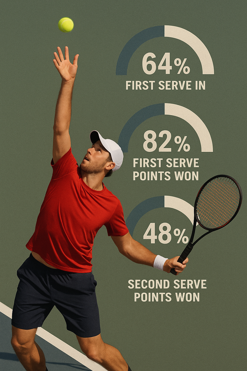 Теннисист в момент подачи с наложенной статистикой эффективности